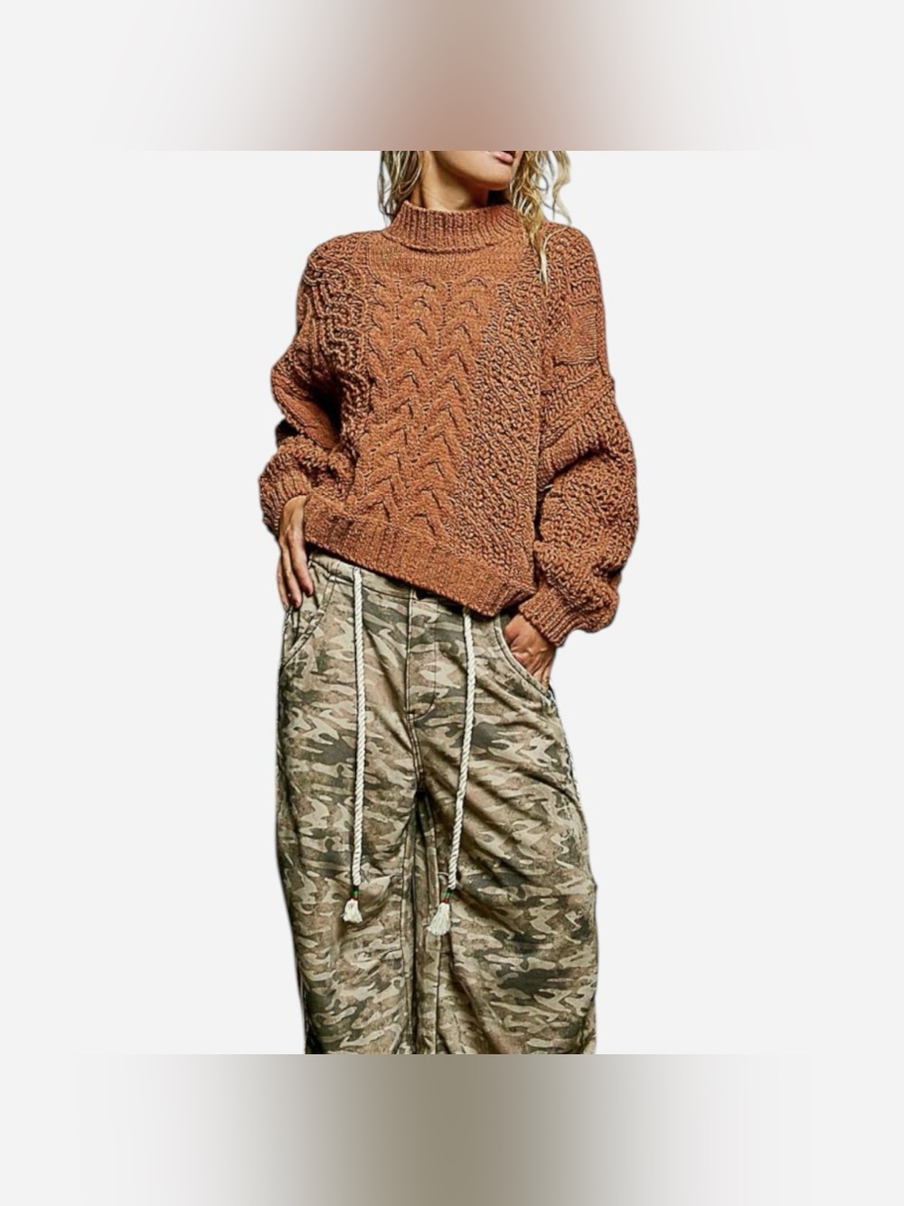 POL Camel Brown Chenille Cable Knit Chunky Hygge Oversized Mock Neck Sweater